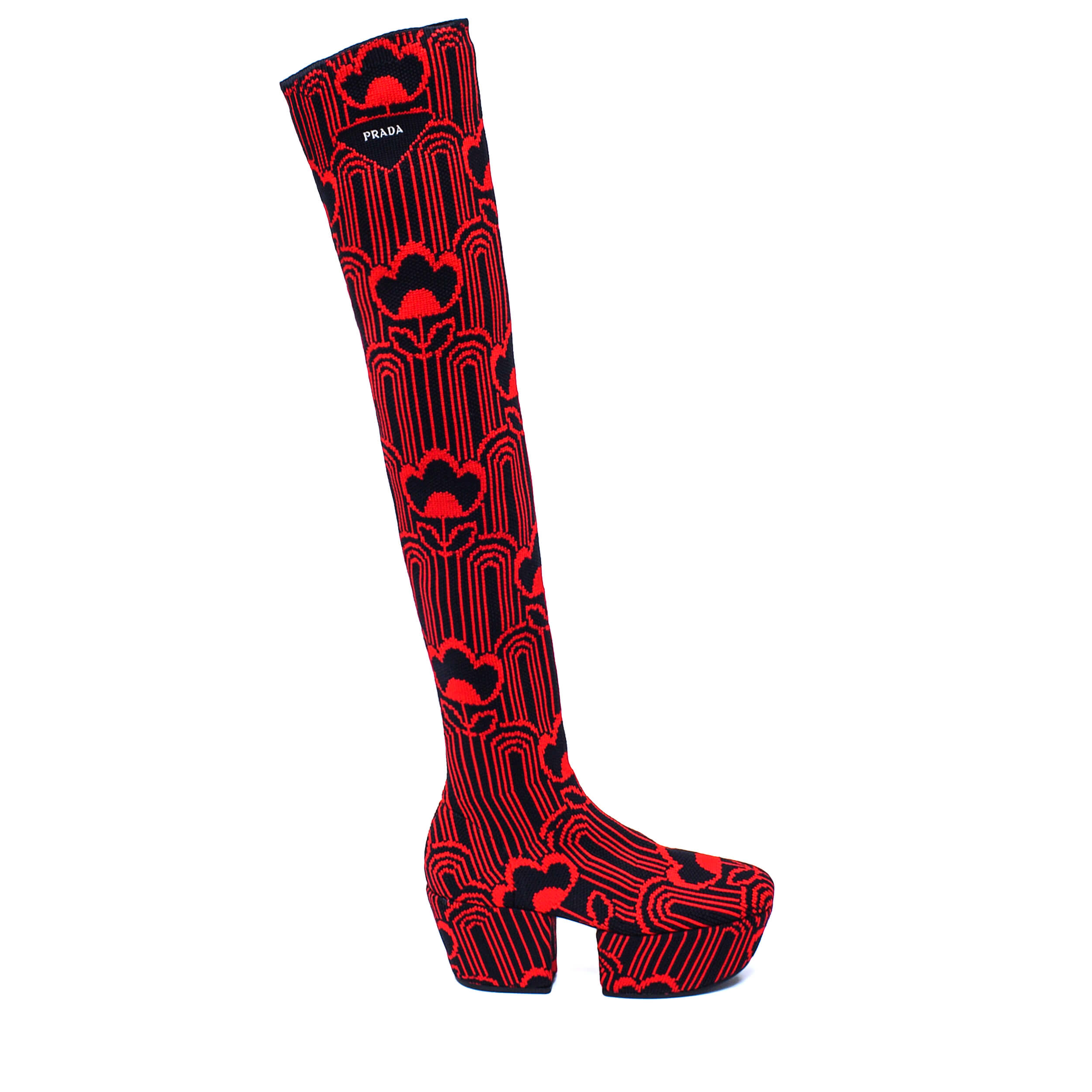 Prada - Red & Black Jacquard Thing Statement Sole Boots / 38